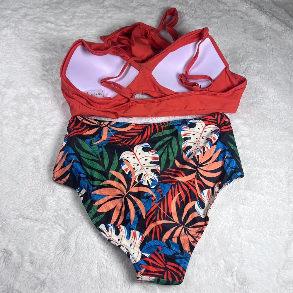 SUUKSESS Women's High Waisted Bikini Tropical Leaf Print Coral Halter Swimsuit M